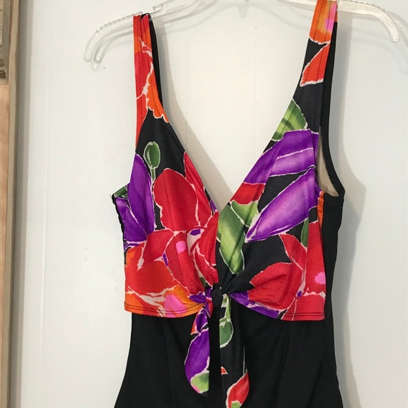VTG 80s Floral High Cut Swimsuit Tie Front L 12 - Picture 2 of 7
